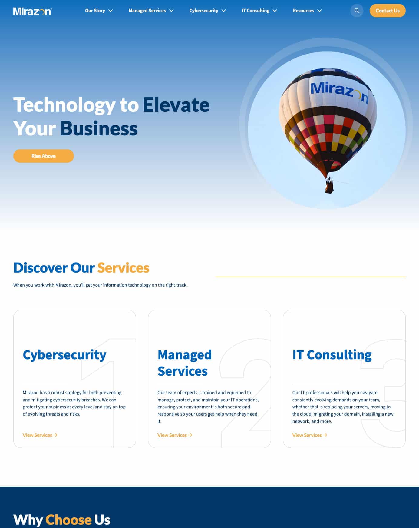 This is an image of a web development project by Graphicten for their Information Technology client Mirazon located in Louisville Kentucky.
