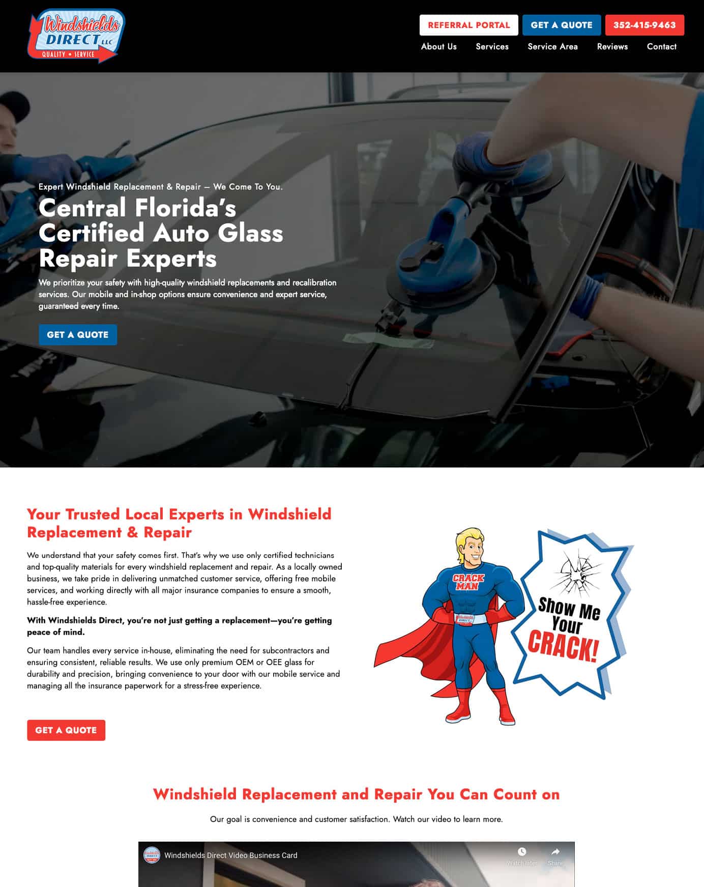 This is an image of a website design by Graphicten for their client Windshields Direct located in Ocala Florida.