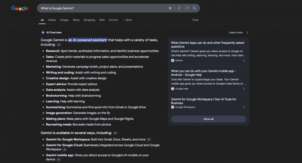AI search results in Google for the query What is Google Gemini?