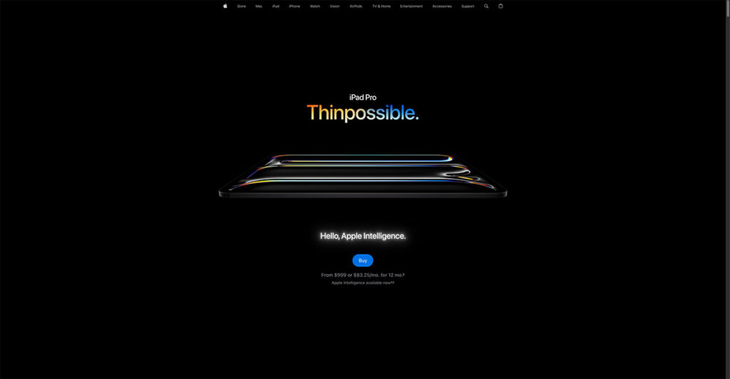 Screenshot of Apple using animation in their web design.