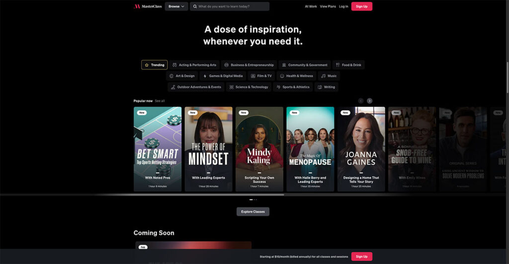 A screenshot of Masterclass and their dark mode themed website.