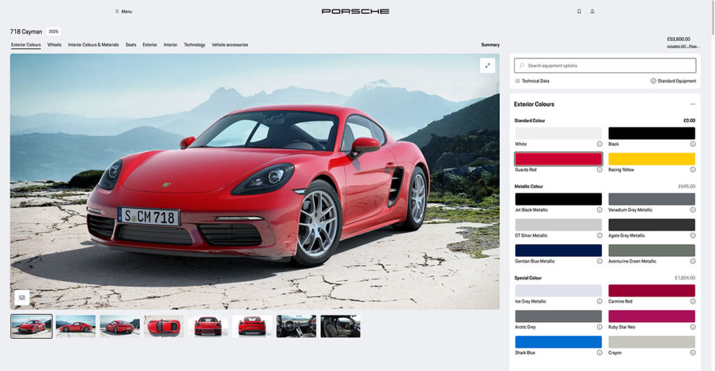 A screenshot of the Porsche car configurator tool that shows website mircointeractions. 