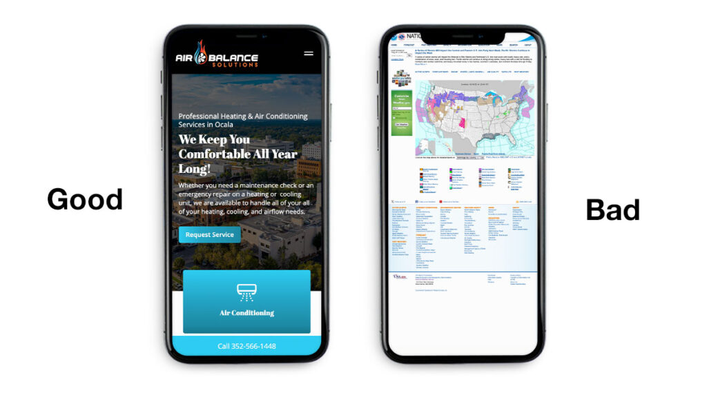 Screenshots of a good and bad mobile website experience