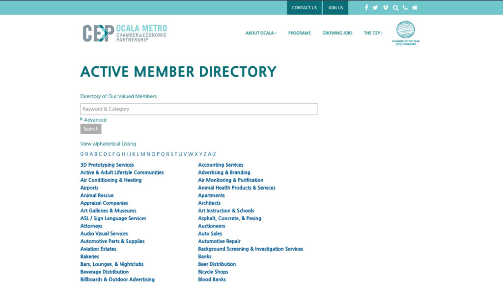 Image of the Ocala Chamber of Economic Partnership website in Ocala