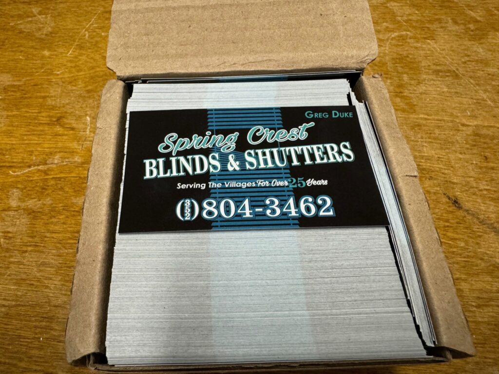 Magnetic business cards for a window treatments company in the Villages.