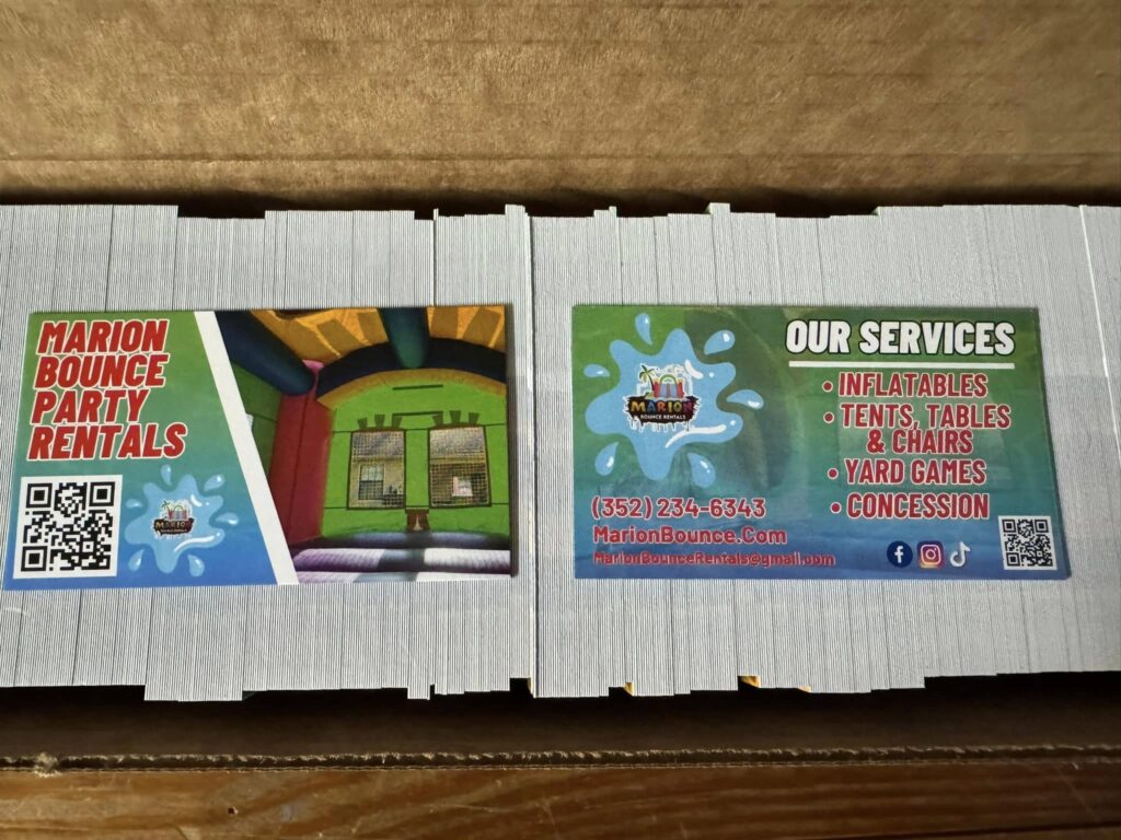 Business cards for bounce house rental company in Ocala.