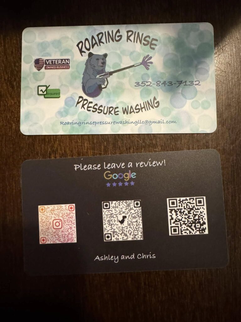 Business cards for a pressure washing company in Ocala.
