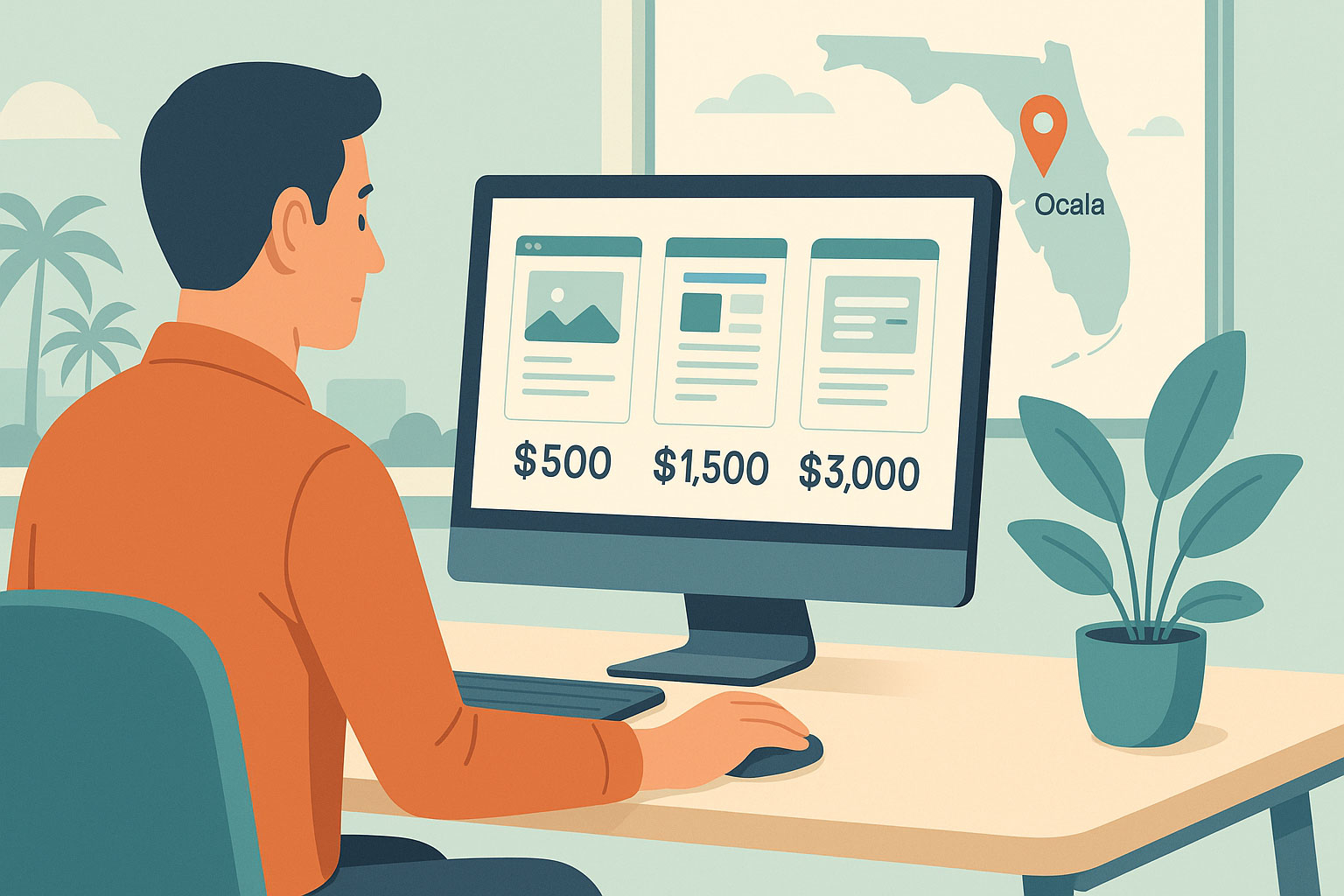 Illustration of a business owner checking website prices in Ocala Florida