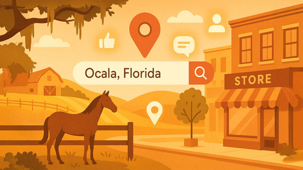 Illustration showing Ocala, Florida with horse farms, downtown storefronts, oak trees, and digital symbols like a search bar, map pins, and social media icons, representing growing a local business online.