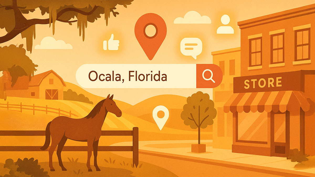 Illustration showing Ocala, Florida with horse farms, downtown storefronts, oak trees, and digital symbols like a search bar, map pins, and social media icons, representing growing a local business online.
