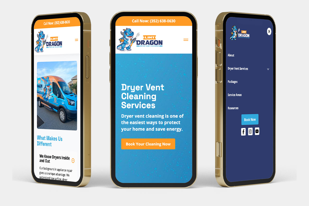 3 phones in different orientations showing mobile first web design.